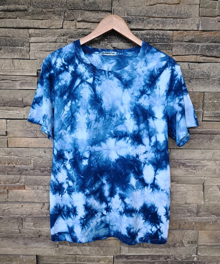 (Blue Indigo) original plant blue dye indigo batik T-shirt custom blue sky white cloud dream pure handmade