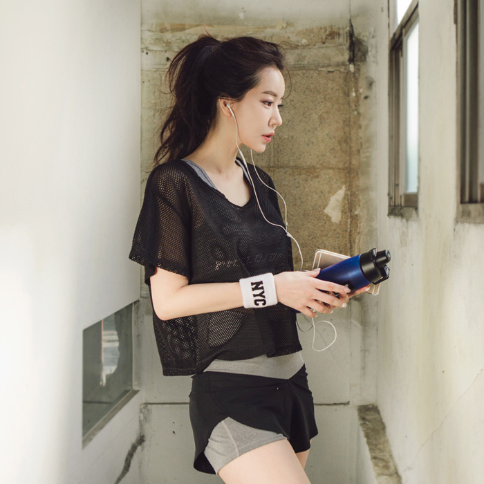 Korean Version Yoga Suit Fitness Suit Women Sports Net Yarn Bra Fake Two Shorts Display Slim Speed Dry Three Sets Women