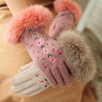 Peijin wool gloves autumn and winter new rabbit fur thin embroidery flowers warm finger touch screen gloves women