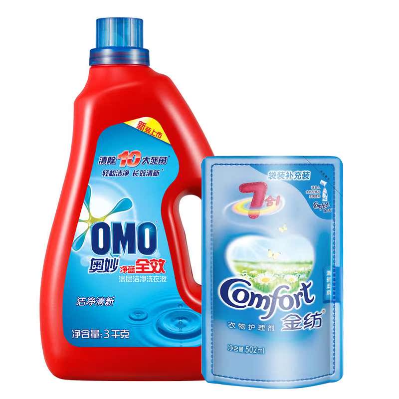 【苏宁易购】奥妙净蓝全效深层洁净洗衣液3KG+金纺清新柔顺剂试用