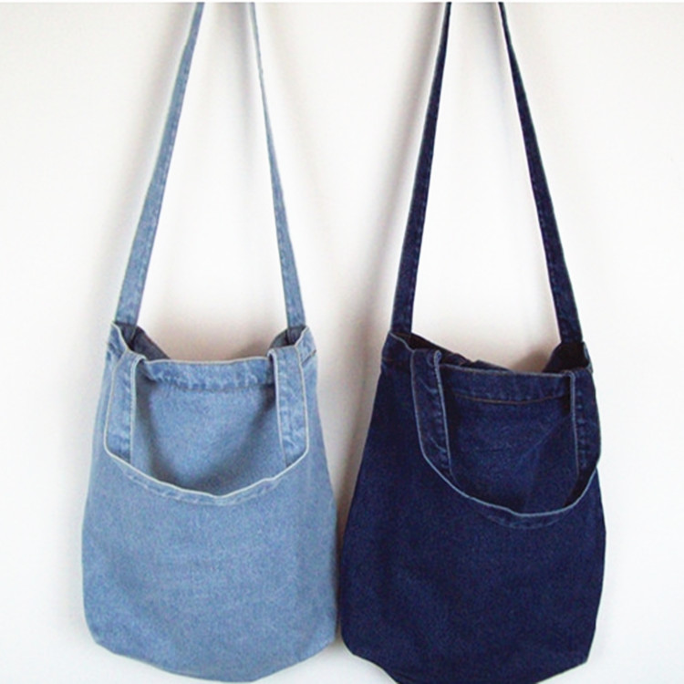 2022 Japan and South Korea solid color bucket bag denim bag ulzzang canvas bag messenger bag shopping bag student bag