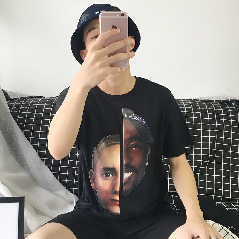 BF风原宿欧美街头青年学生潮流2pac阿姆eminem人头圆领短袖t恤男