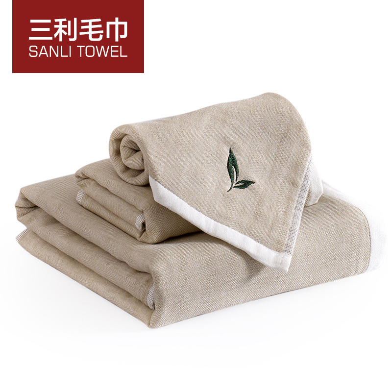三利 纯棉绿茶毛巾方巾洗浴三件套装 成人浴巾 加厚酒店浴巾 柔软