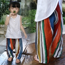 Qiyue homemade childrens color strips linen mosquito pants summer thin baby loose pp pants middle waist beach trousers