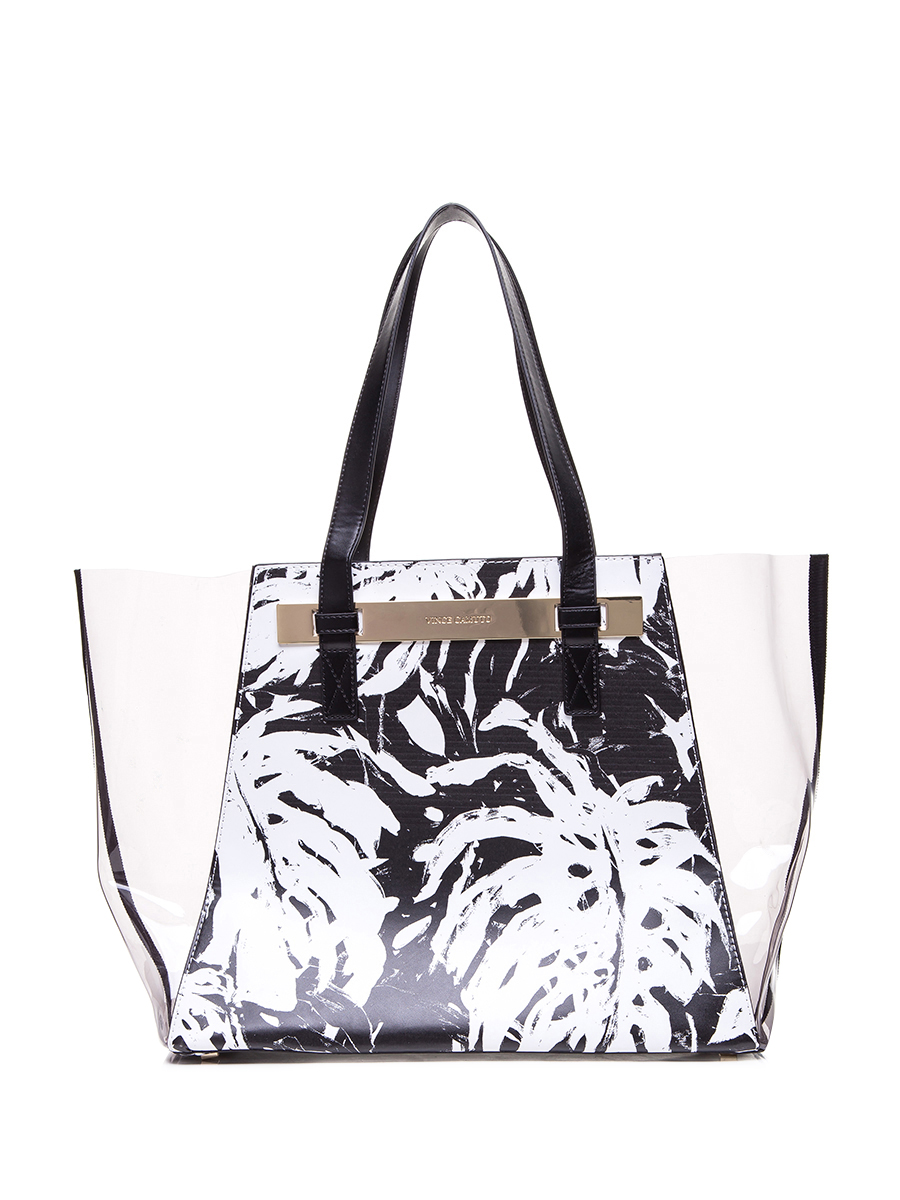 VINCE CAMUTO 黑白印花金属饰透视托特包