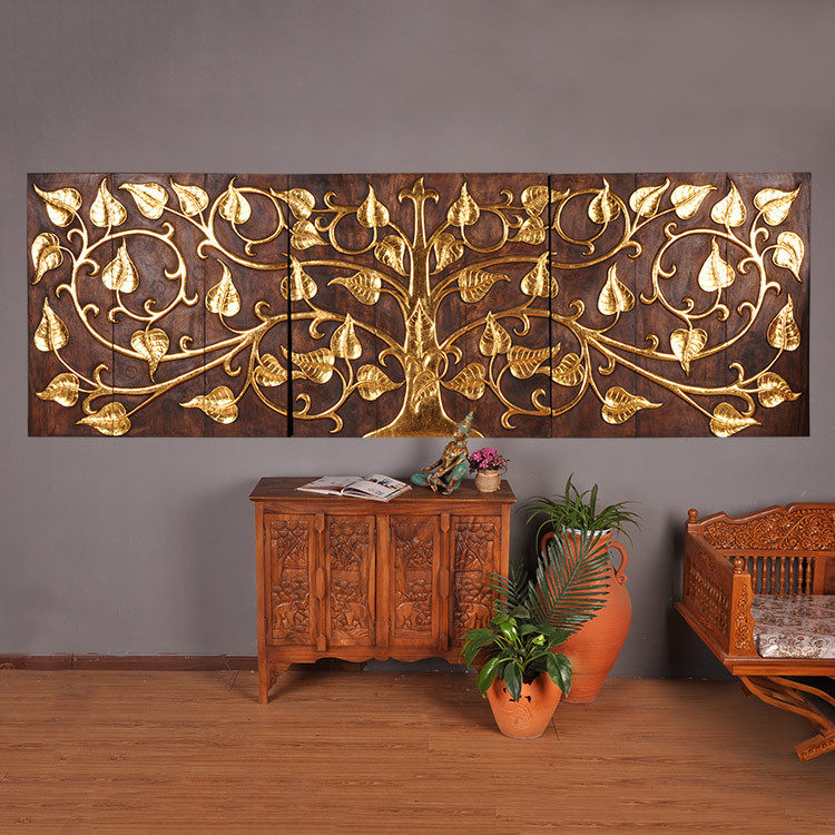 Thai craft furniture decoration solid wood carved wall hanging living room wall hanging painting Southeast Asian characteristics embossed bodhi tree