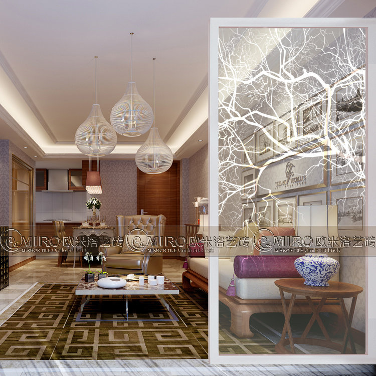 Art glass double face effect flat sand color drawing technique with frame screen partition wall decoration white memory white tree