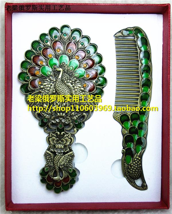 Z4 new Russian silver-tin metal mirror comb set with open screen peacock-shaped green bronze small portable