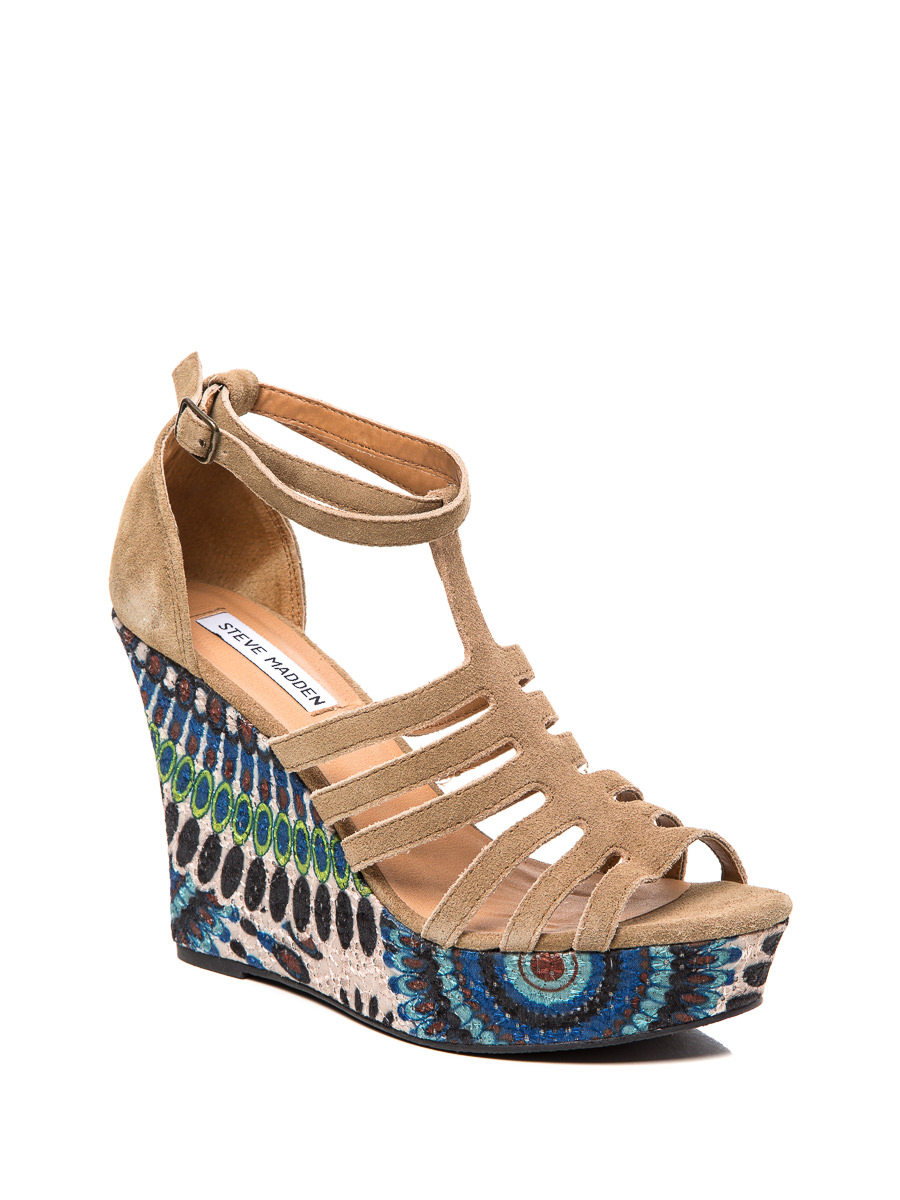 Steve Madden/思美登 咖啡色罗马绑带印花坡跟鞋