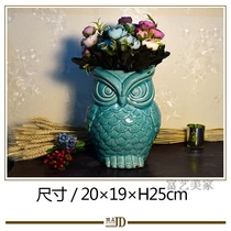 Foreign trade export blue-green ice cracked ceramic desktop large vase beneficial bird owl shape waterproof flower arrangement ornaments