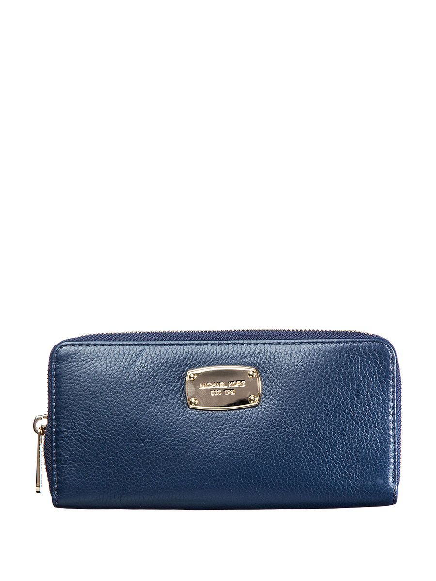 Michael Kors JET SET ITEM系列海军蓝金属铭牌顶部拉链长款钱包