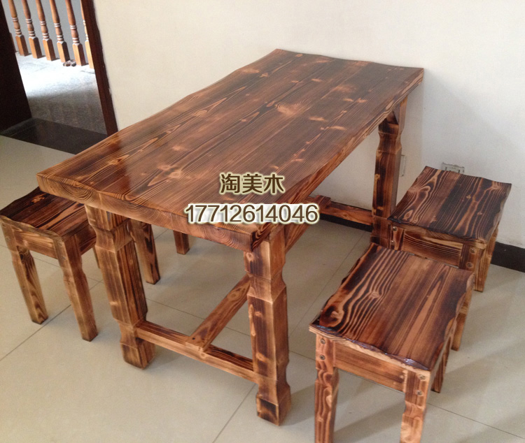 Hotel full solid wood dining table and chair combination carbonized long table for 4 people Dining room table stool set Leisure farm long table