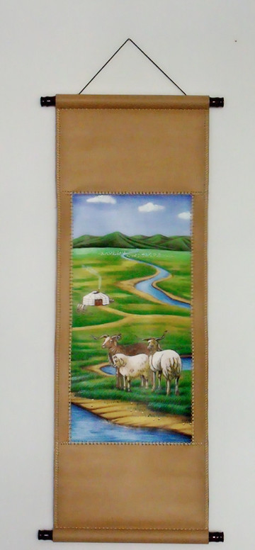 Mongolian Crafts Gifts Swing to Mongolian Bull Leather Painting Bull Leather Pure Handscroll Living Room Decoration Painting