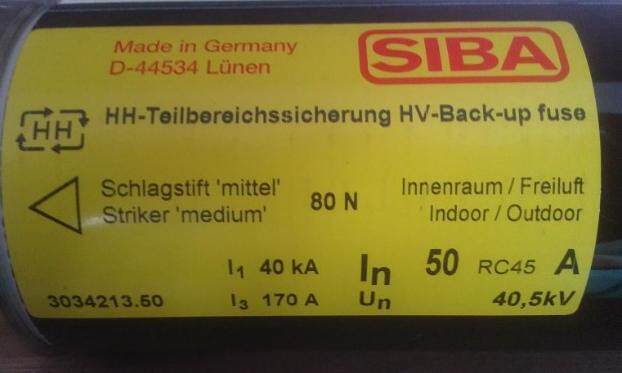 SIBA HH-HV Fuse 3034213.50 63 40.5KV (50 RC45A 63 RC50A)