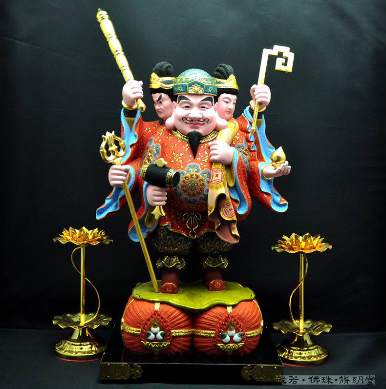 修明堂 开光正品唐密密宗大黑天三面财神 香樟木彩绘 大黑天财神