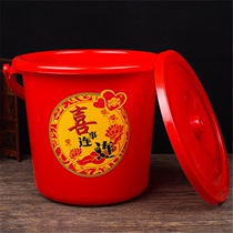 Wedding red bucket Happy bucket Rice bucket Plastic red bucket Festive household bucket with lid Red plastic bucket Rice storage bucket