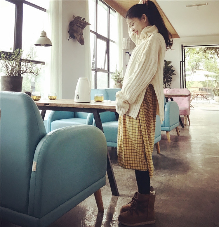 旅侠 恋恋笔记本/黄色格子秋款宽松连衣裙+杏色高领毛衣两件套