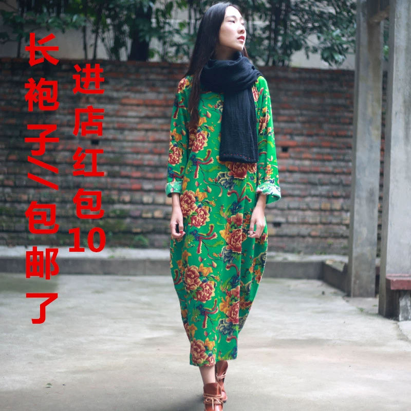 Sản phẩm mới cho mùa thu, kiểu dài tay, vải hoa lớn đông bắc retro, áo choàng nữ văn học bằng vải cotton và lanh, váy, váy dài - Váy dài