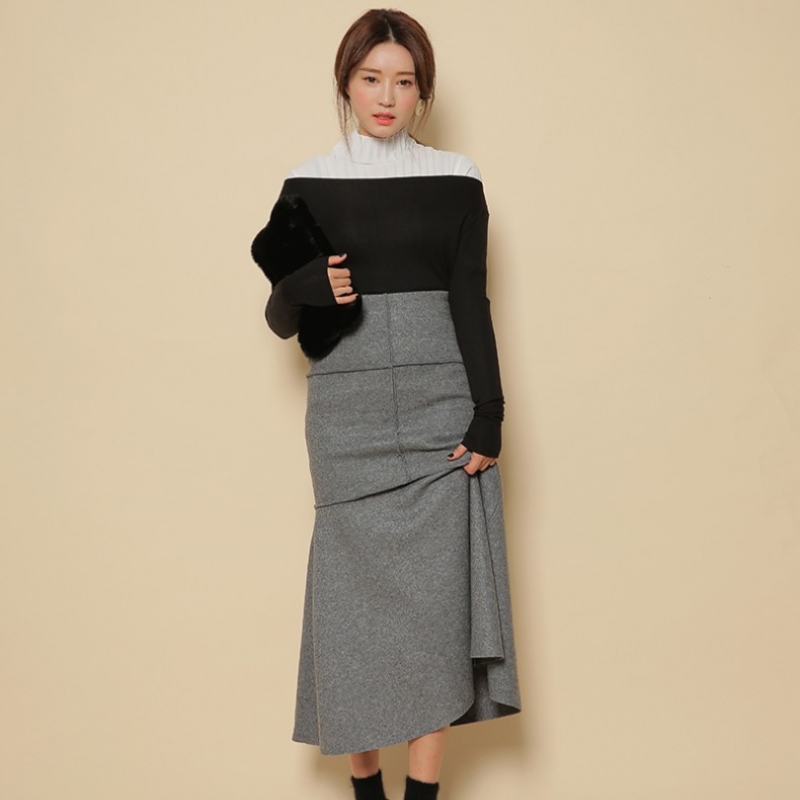 韩国stylenanda官方正品 立体拼接点缀鱼尾摆长款半身裙-深灰色