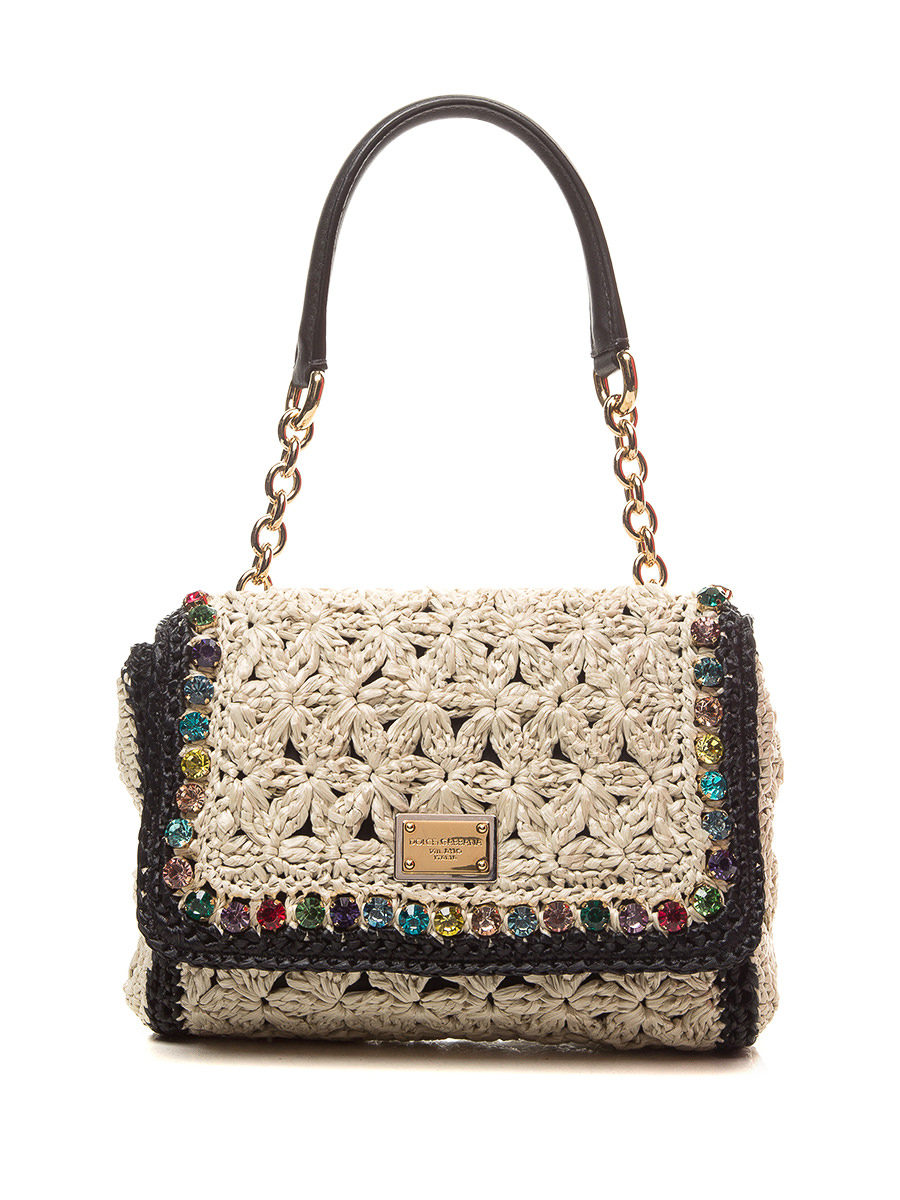 Dolce&Gabbana 米色编织花黑边饰彩色晶钻翻盖手提包