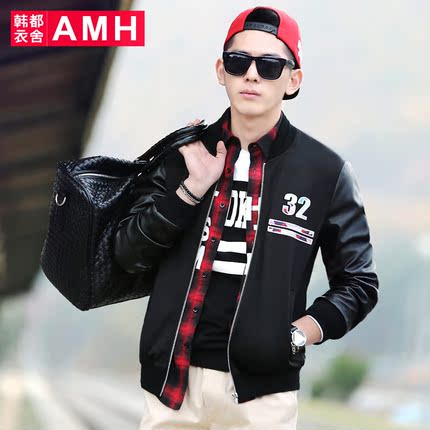AMH韩都衣舍男装春季 潮男韩版修身棒球领贴布印花PU拼接夹克外套
