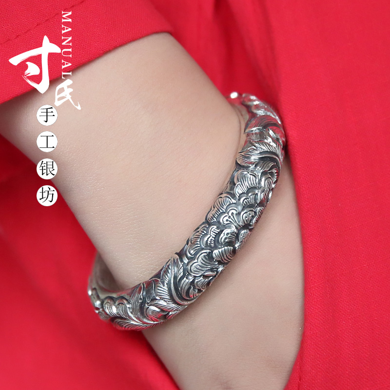 S999 embossed retro peony flower handmade sterling silver bracelet open wide silver bracelet to send relatives and friends gifts birthday gifts