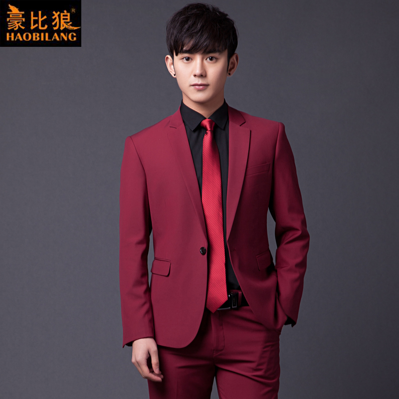 Hobie Wolf Men's Suit Suit Wine Red Groom Wedding Dress Korean Slim Groomsmen Small Suit Suit