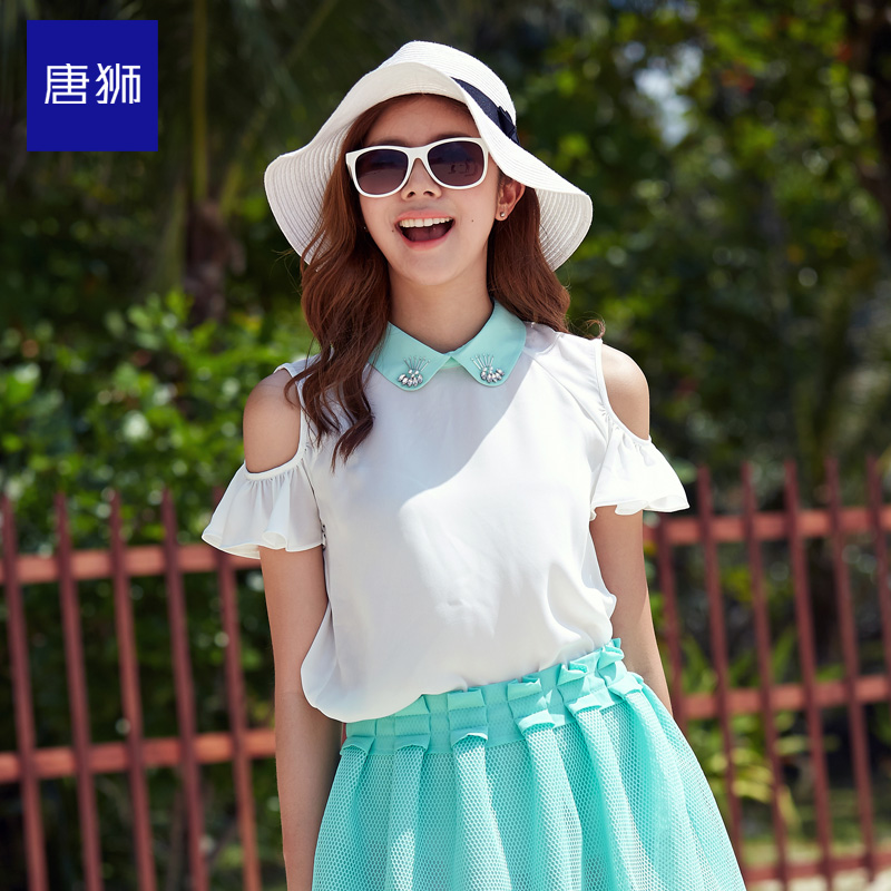 唐狮2015春夏新款女士寸衣韩版雪纺衬衣女撞色翻领漏肩短袖衬衫