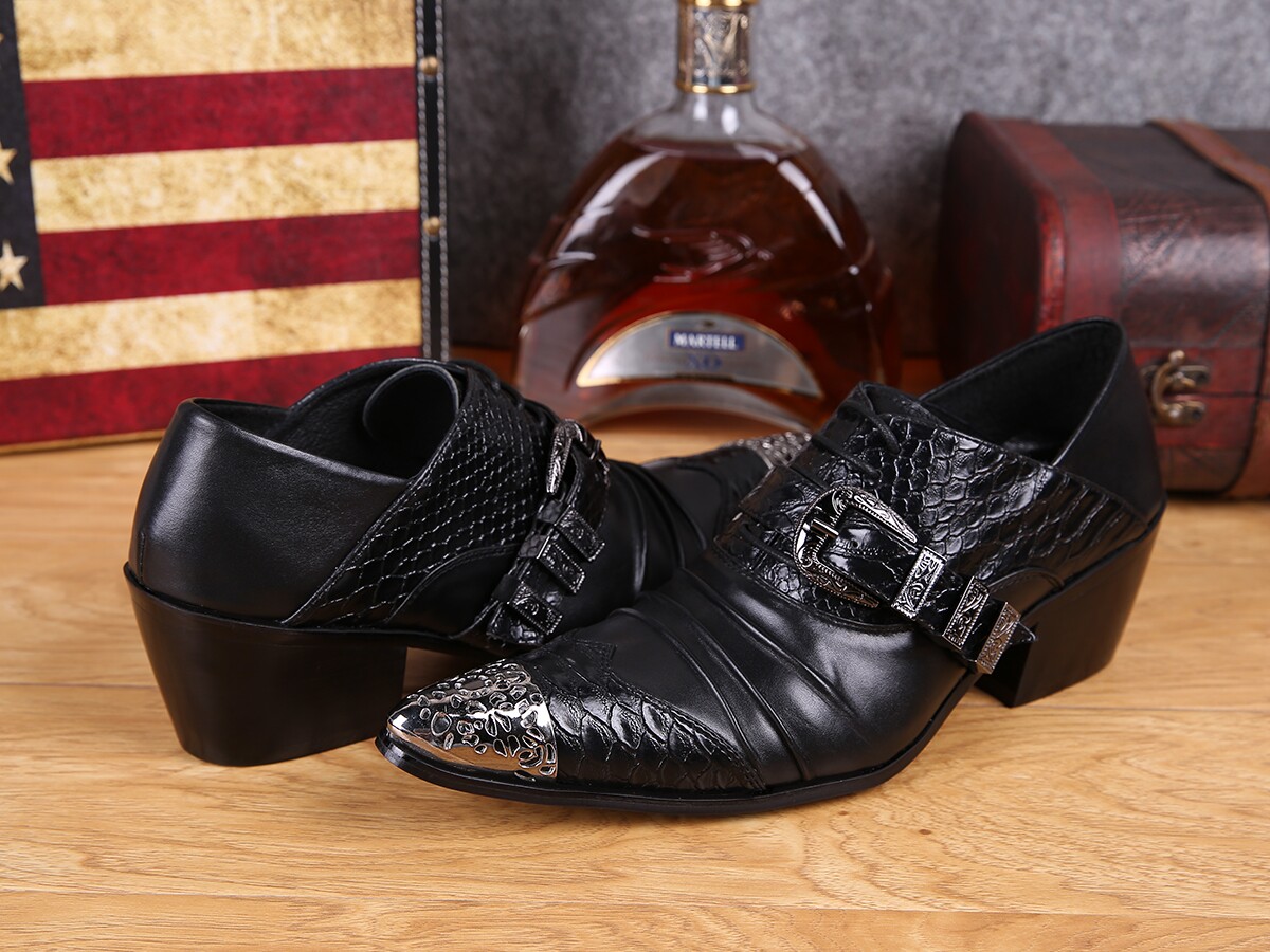 New pointed toe lace-up leather fish pattern British casual high-heeled business dress catwalk trend personality men's leather shoes