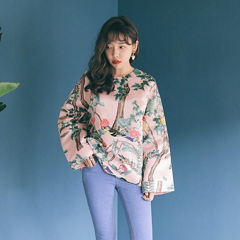 韩国stylenanda官方正品 秘密花园印花宽松衬衣-粉色