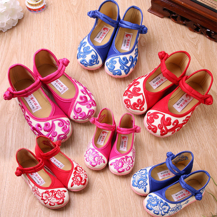 Spring and summer children's old Beijing cloth shoes girls dance performance embroidered shoes baby blue and white porcelain beef tendon bottom traditional single shoes