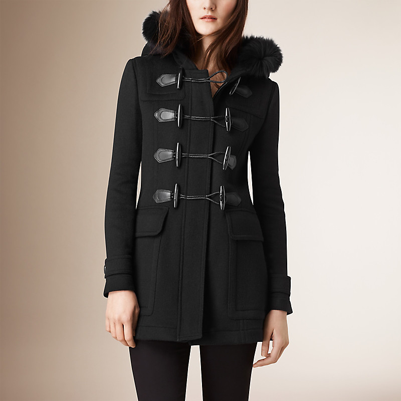 BURBERRY/博柏利可拆式皮草装饰羊毛牛角扣大衣 39761431