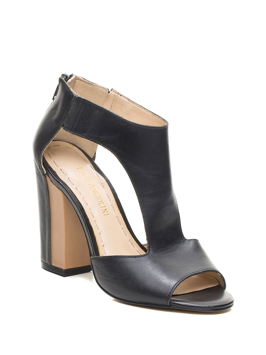 ENZO ANGIOLINI 黑色粗T字带露趾粗跟鞋