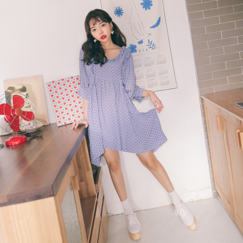 韩国stylenanda官方正品 褶裥点缀系带收腰印花迷你连衣裙-天蓝色