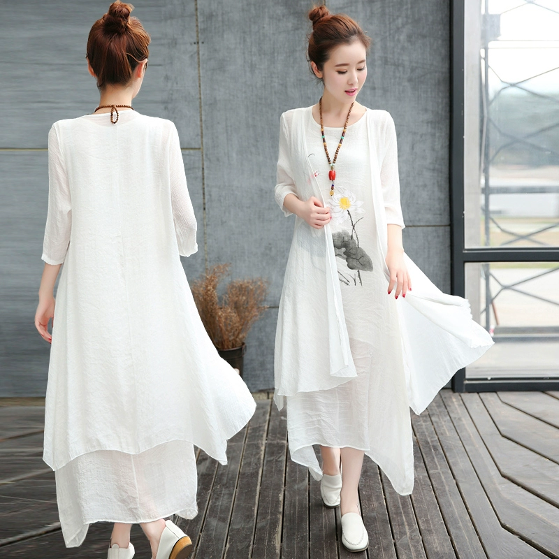 Mùa hè 2021 phong cách dân tộc mới của phụ nữ váy văn học váy áo vest hai mảnh vải cotton và vải lanh - váy đầm