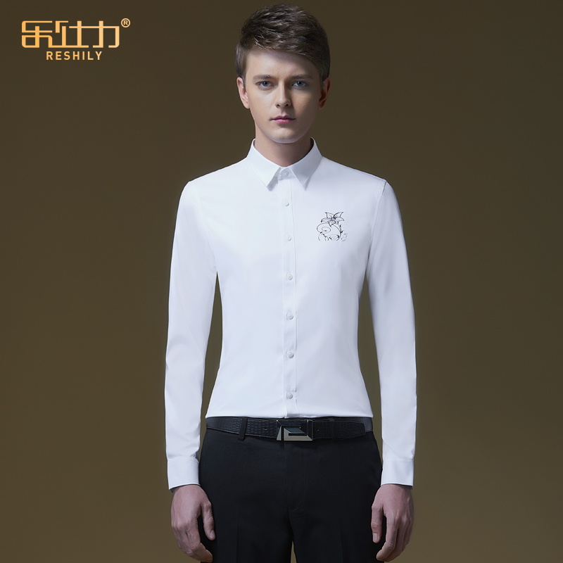 White shirt men slim fit embroidered inch shirt Business casual white collar work suit Youth summer long sleeve men's shirt