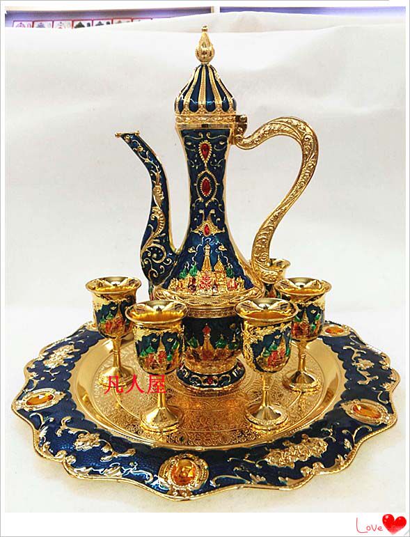 Russia complete set of color tin wine bar Tin wine European silver Tin wine jug tray Wine glass