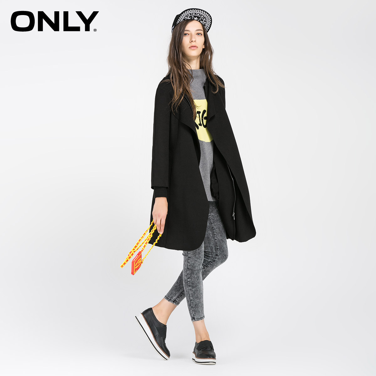 ONLY2016春装新品拼接廓形翻领针织外套女L|116136008