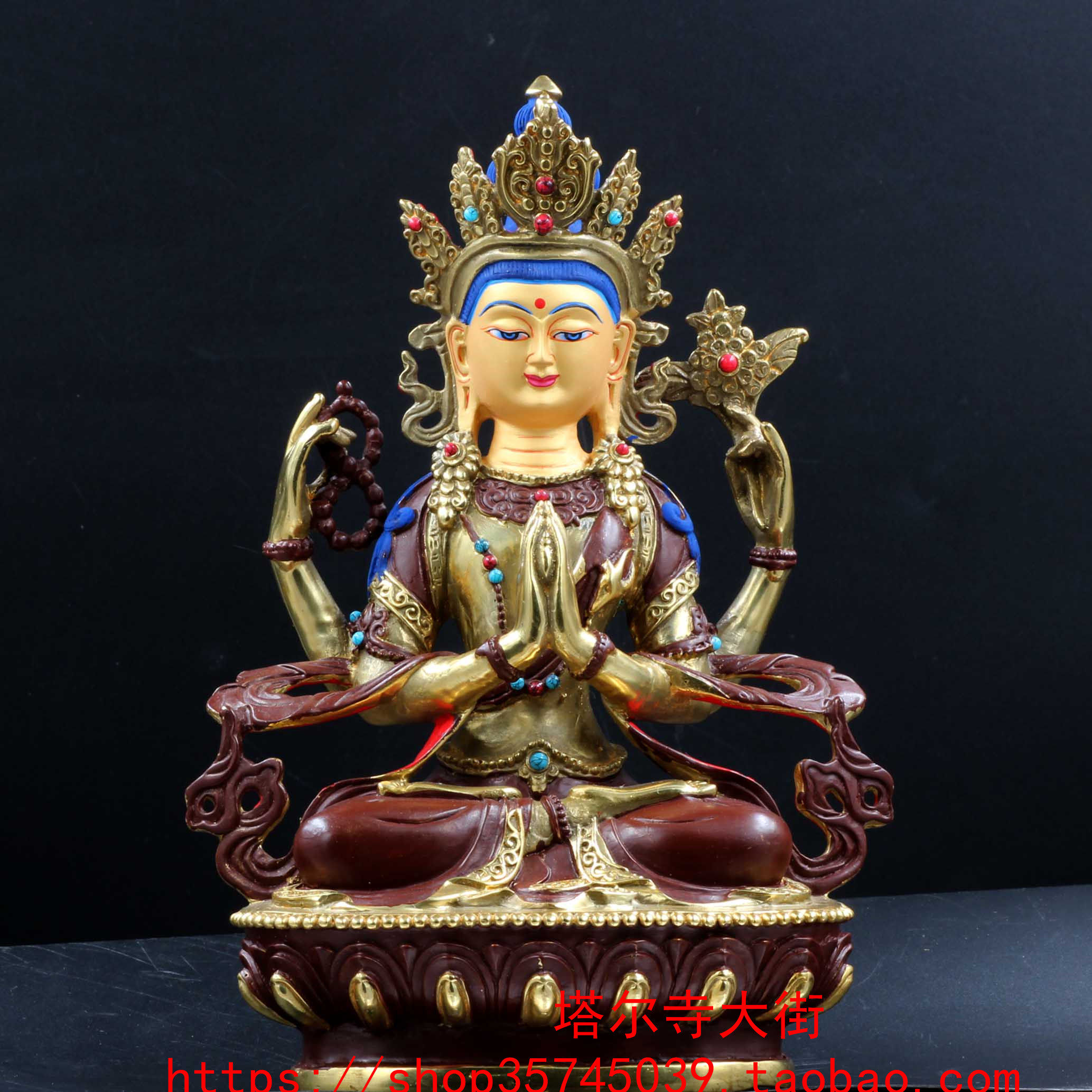 Semi-lau gold painted four-arm Guanyin size 7-inch (21 cm) method solemn already loaded with mascot