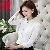 Áo thun voan nữ dài tay 2018 xuân hè mới đứng cổ áo sơ mi trắng Han Fan hoang dã chạm đáy sơ mi nữ