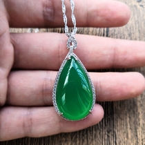 Natural ice species green chalcedony water drop pendant Silver necklace Emerald agate gemstone female model to send mom girlfriend