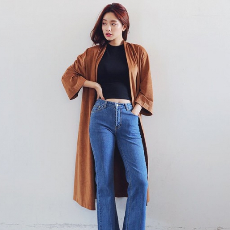韩国stylenanda官方正品 个性款绒面革长款开衫-米色