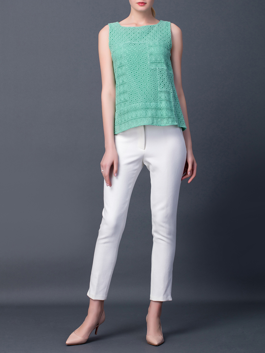 JESSICA 绿色花型镂空无袖上衣