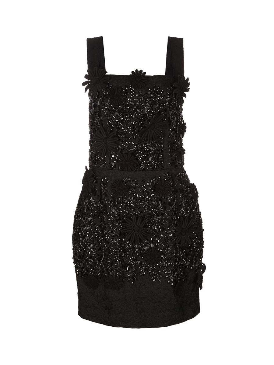 Dolce&Gabbana 黑色方领露背钉珠饰修身礼服