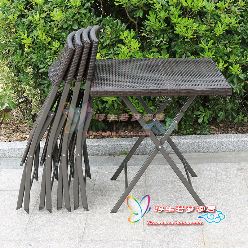 Outdoor folding rattan knitted table and chairs suit balcony breakfast cold drinks Snack Milk Tea Shop Iron Art Square round table and chairs Combined-Taobao