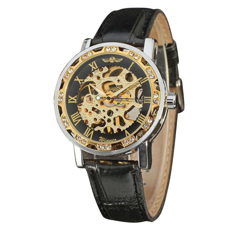 WINNER Three-pin Manual Men's and Women's Casual Business Hollow-out Gear Gold Machine Mechanical Belt Watch D297 