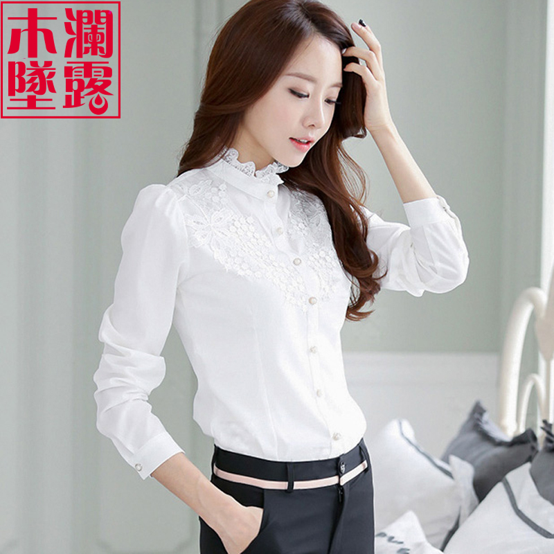 Long-Sleeved Chiffon Shirt for Women, New Spring and Autumn Style, Fleece-Lined, Thickened, Stand-Up Collar, Lace, Versatile Base Layer, White Shirt for Winter