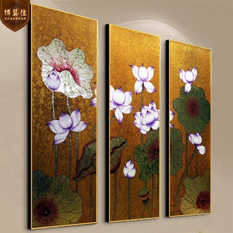 Hand-painted oil painting Southeast Asia Thai gold leaf painting lotus living room decoration painting club hotel hanging painting new Chinese mural