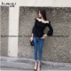 Hàn Quốc 2018 xuân hè mới một bên tay áo xù lông xù tay áo 9 điểm tay áo thun eo lệch vai