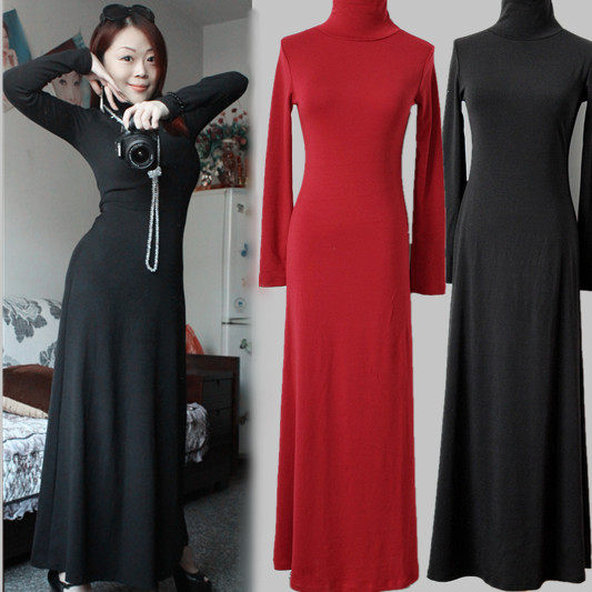 2021 autumn and winter new Korean women's long dress high-necked slim long-sleeved large swing dress temperament base skirt